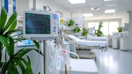 modern hospital room with high tech medical equipment, including heart monitor and IV stand, surrounded by plants and bright lighting
