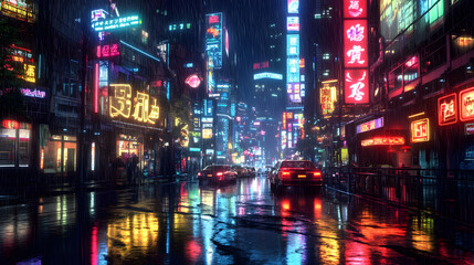 cityscape at night with neon signs reflecting on wet streets, creating a vivid and energetic atmosphere 