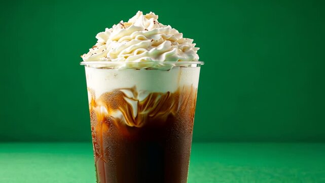 Iced Coffee with Creamy Topping - Refreshing Drink on Green Background