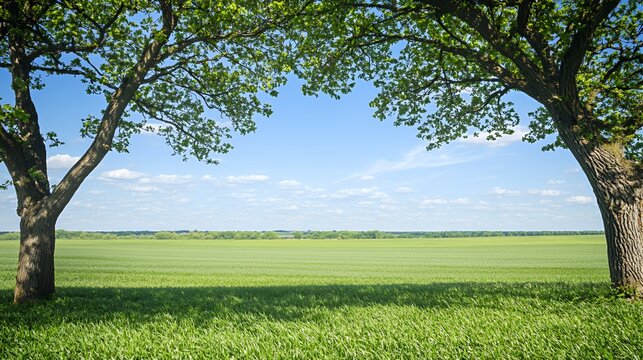 Summer Landscape: Lush Green Field Viewed Through Two Trees Under a Blue Sky