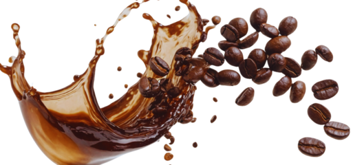Roasted coffee beans splashing in delicious coffee, cut out

