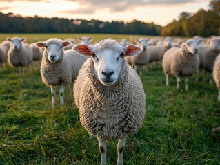 Fototapeta premium Sheep gathered in a lush green pasture at sunset
