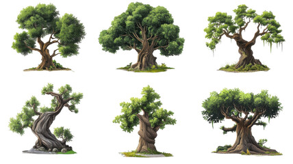 Fototapeta premium Unique collection of six diverse tree illustrations showcasing different styles and characteristics with lush green foliage