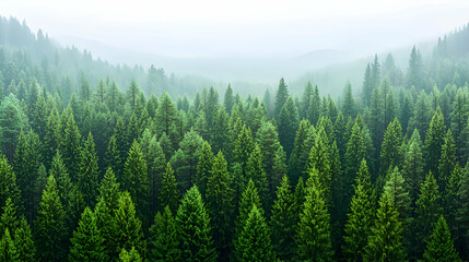 Obraz premium Aerial View of a Lush Green Coniferous Forest on a Misty Mountain