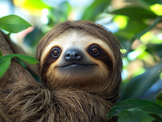 Fototapeta premium Sloth resting in vibrant foliage under natural light