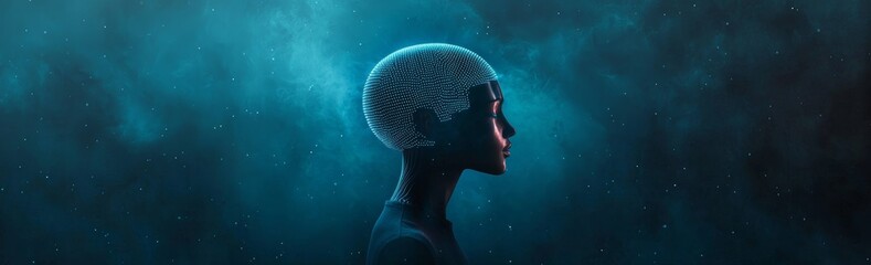 Obraz premium A 3D render illustration of a digital human face, made with stock AI, illustrates the effects of dispersion, dissolve, and disintegration