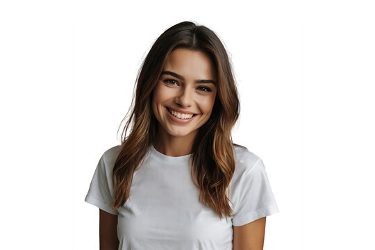 Portrait of a beautiful, smiling woman with long brunette hair, isolated on a transparent, cut-out background