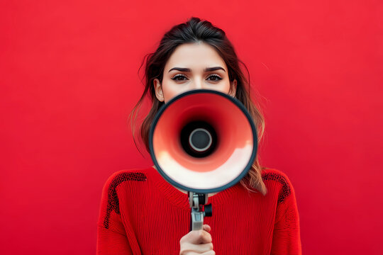 Hurry up. Stylish brunette woman screaming in loudspeaker, announces about final sales and discounts day, black friday