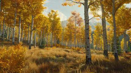 Obraz premium Mystical Forest Trail Lined with Tall Aspen Trees in Fall