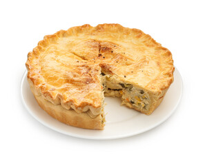 Tasty homemade pie with chicken and vegetables isolated on white
