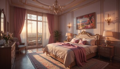 Luxurious bedroom interior design with elegant furniture and soft pink color scheme at sunrise
