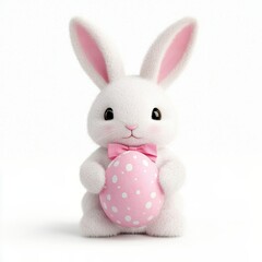 Obraz premium A cute white bunny with pink ears holds a polka-dotted egg, adorned with a pink bow, perfect for Easter celebrations.
