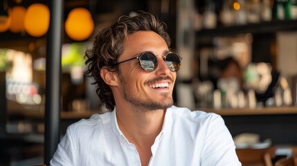 Obraz premium Portrait of a handsome man smiling, wearing sunglasses and a polo shirt enjoying some time outdoors on a sunny day.
