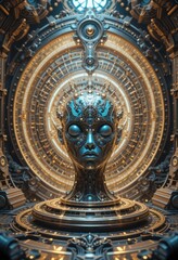 Fototapeta premium Steampunk Cyborg Head Sculpture in Ornate Golden Clockwork Setting Artistic 3D Render