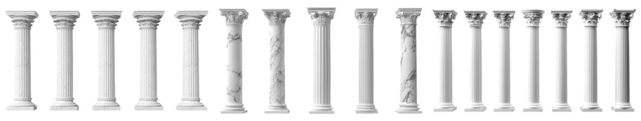 A stunning view of classical columns in a majestic architectural design, capturing the grandeur and elegance of ancient buildings in urban settings. PNG transparent background
