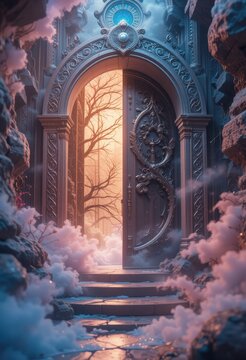 Ornate fantasy door opening to a mystical forest pathA magical gateway into a mysterious winter wonderland