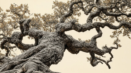 A close-up of an ancient oak tree, its gnarled bark and sprawling roots dominating the composition