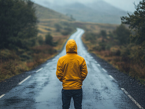 Man in yellow hoodie stands on rainy road