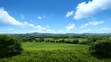 Obraz premium Bright Sunny Day Landscape with Lush Green Fields and Blue Sky