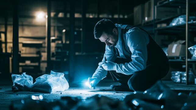 Criminal investigation in a dark warehouse with forensics. Featuring suspense and technology