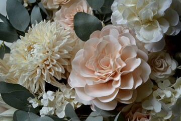 A composition of flowers, featuring an assortment of vibrant blooms arranged on a white backdrop, captured in a flat lay from a top-down perspective