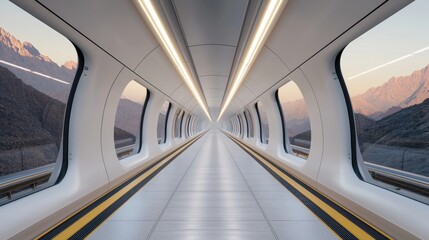 Futuristic Hyperloop Transportation Corridor with Scenic Mountain Views and Sleek Design