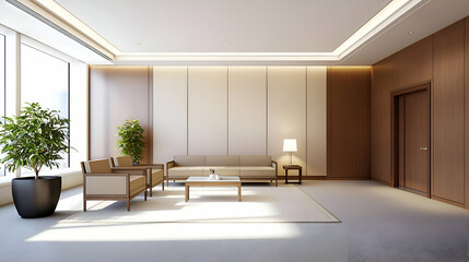 Fototapeta premium Modern Beige Office Waiting Room Interior Design with Wood Paneling