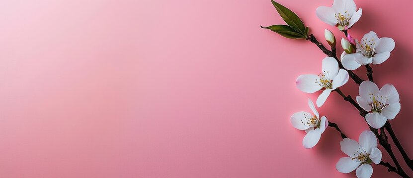 A spring-inspired floral background, texture, and wallpaper featuring a flat-lay of white almond blossom flowers and petals on a pink background, captured from a top view with ample copy space and a