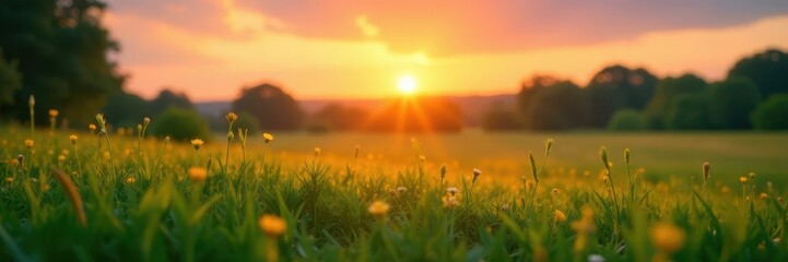 Obraz premium Soft focus sunset over lush green meadow, sweet tones , tranquil, landscape