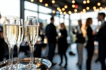 The event features a waiter from a catering service carrying champagne wine drinks