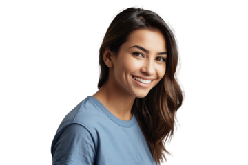 Horizontal shot of pretty Asian woman with dark hair smiles pleasantly looks directly at camera has toothy smile wears white shirt and jumper isolated over white background. Emotions concept.