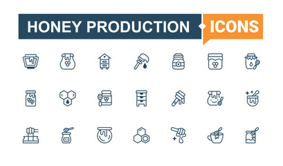 Set of Honey Production line icons. It contains symbols to comb, wax, hive, sweet, honey, production, apiarist, pot. Simple line vector. Line editable stroke. Vector line and solid icons.