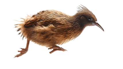 Brown bird running swiftly across a white background, showcasing its feathers and distinctive appearance