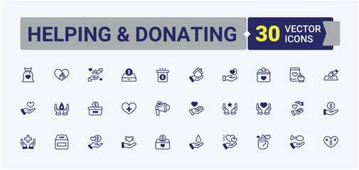 Helping & Donating linear icon collection. Contains such icons as care, charity, team, love, give and more. Minimalistic icons. Editable vector outline and solid icons.