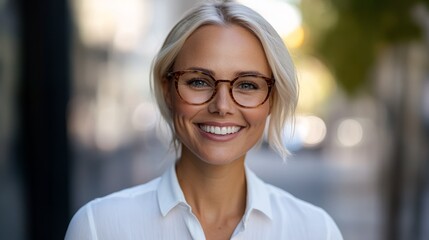 Portrait of a smiling woman wearing a white blouse  and sunglasses with joyful expression standing outdoors during daylight. 
