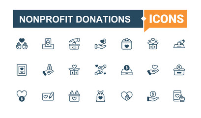 Nonprofit Donations icons set. Icons cooperation, community, foundation, unity, charity, donation, fund and more. Outline icon collection. Vector line and solid icons.