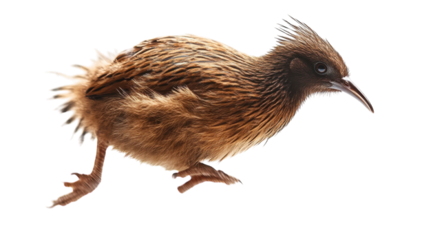 Brown bird running swiftly across a white background, showcasing its feathers and distinctive appearance