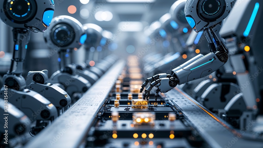 Poster robots assembling components on a busy production line in a futuristic factory environment during da
