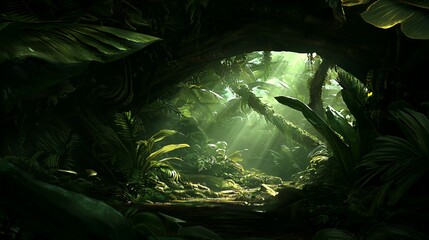 Lush Green Tropical Jungle with Sunlight Streaming Through Dense Canopy