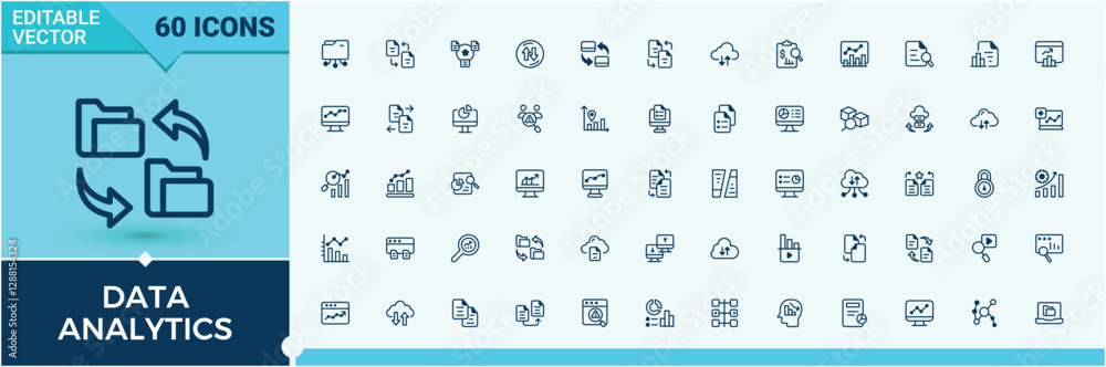 Poster set of data analytics line icons. contains linear outline icons like arrow, graph, security, statist