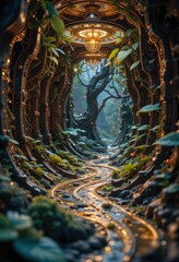 Fototapeta premium Enchanting Golden Path Mystical Forest Tunnel with Glowing Stream and Ornate Architecture