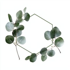 Obraz premium A modern hexagonal frame featuring greenery, accompanied by hand-drawn floral labels and eucalyptus branches, isolated on a white background for greetings or weddings