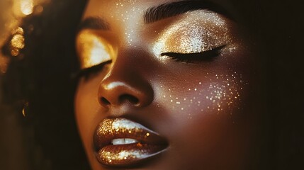 Striking Afrofuturistic Beauty Portrait of Glowing Young Black Woman with Exotic Gold Makeup and