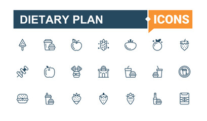 Set of Dietary Plan line icons. Contains such icons as gluten, fast, nutrition, body, vegan and more. UI icon set in a flat design. Editable vector outline and solid icons.
