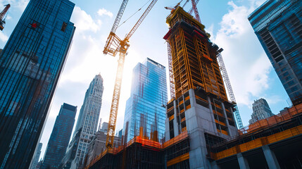 City building construction sites development and tower cranes.