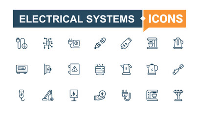Electrical Systems isolated icon set. Icons house, gas, city, turbine, atom and more. Icons for website. Outline and solid pictogram.