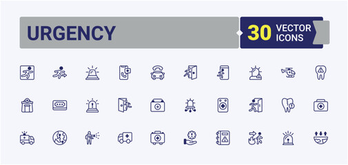 Urgency vector icon set. Includes icons for protection, car, call, service, assistant, warning, fire, first. Minimal linear icons. Vector line and solid icons.