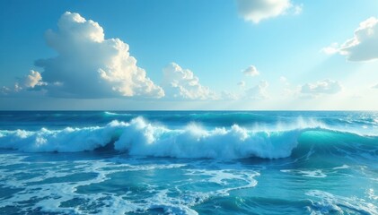 Vast azure expanse, rolling waves softly break, vast, expanse