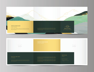 Luxury tri-fold brochure, booklet with mountains. Hand drawn abstract nature background. Stylish minimalistic landscape with space for your photos. Leaflet design layout. Editable flyer template. 