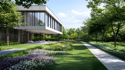 Obraz premium Modern House Exterior with Lush Green Landscape and Sunny Day